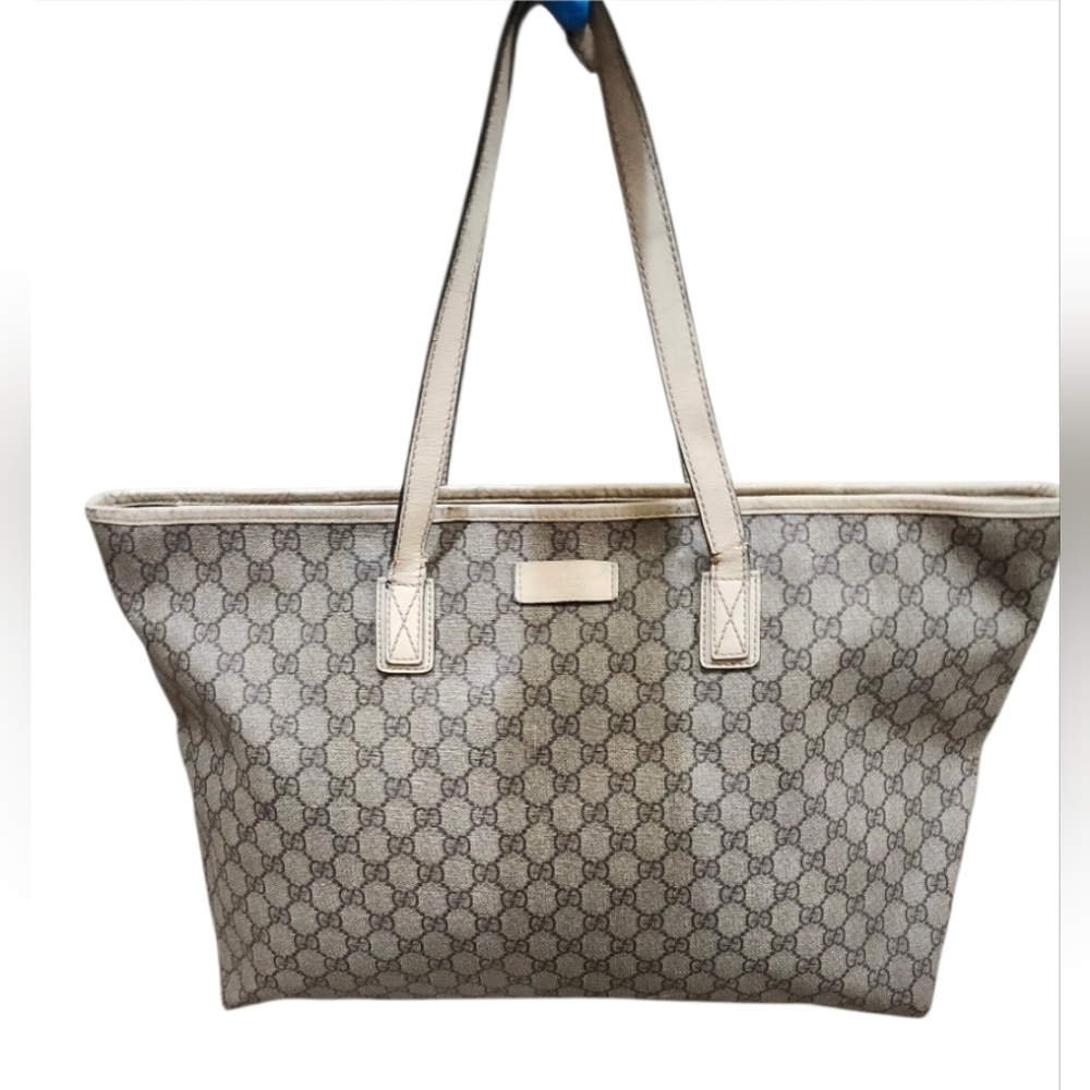 Gucci JOY GG Supreme Carryall XL Monogram Zippered Shopping Tote BEIGE BAG AUTHE